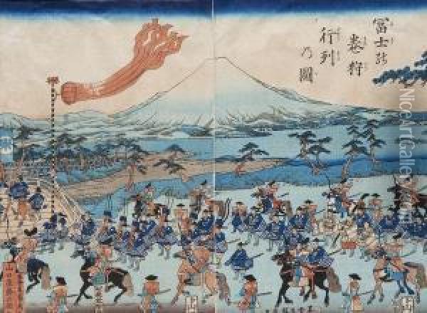 L'armee Minamoto En Campagne Aux Abords Du Mont Fuji. Oil Painting - Sadahide Utagawa
