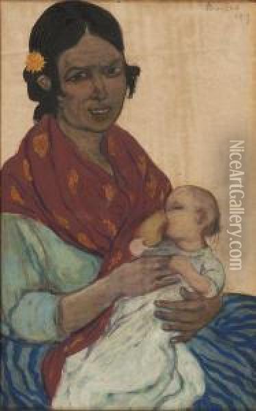 Femme Et Enfant. Oil Painting - Andre Sureda
