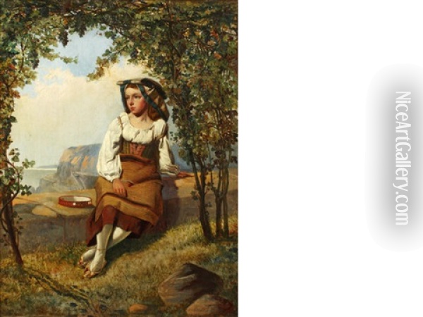 Neapolitan Girl Seated In A Coastal Vineyard Oil Painting - Augustus Jules Bouvier