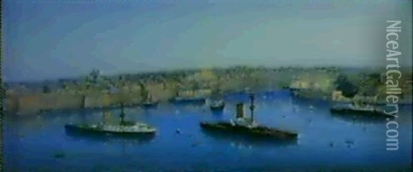 The Pride Of The Mediterranean Fleet - Grand Harbour,       Valetta Oil Painting - Luigi Maria Galea