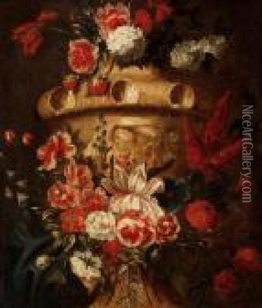 Still Life Studies Of Urns With Flowers Oil Painting - Gaspar-pieter The Younger Verbruggen