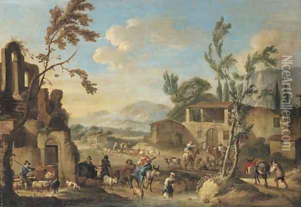 A village with peasants herding cattle, a mountainous landscape beyond Oil Painting - Dirck Helmbreker