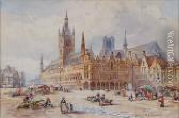 Grand Place, Cloth Hall And Cathedral, Ypres Oil Painting - Conrad H.R. Carelli