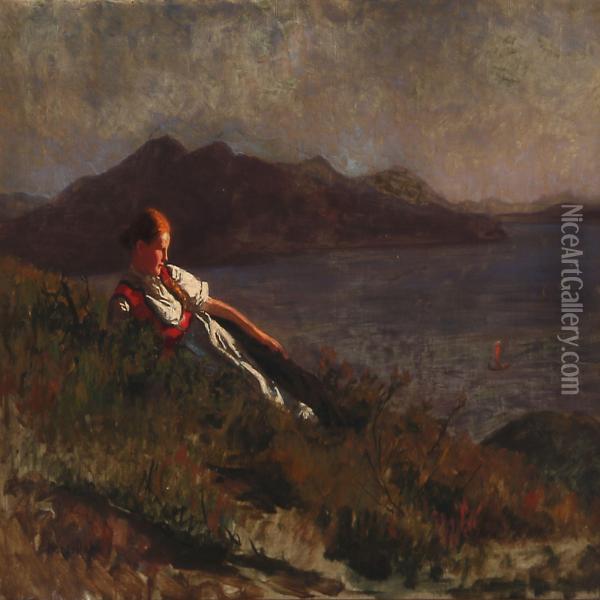 Young Norwegian Girl Laying In The Sunset On The Slopes Of A Fiord Oil Painting - Hans Dahl