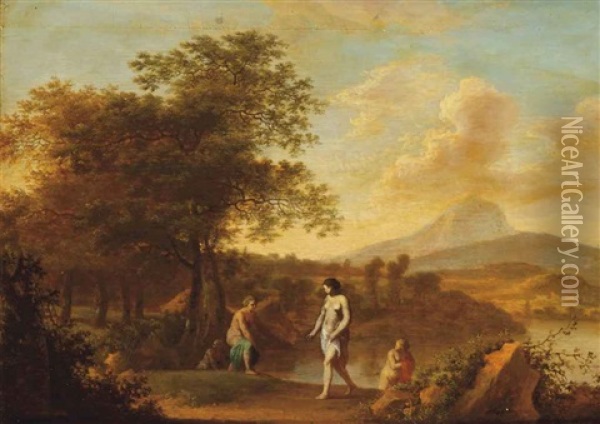 An Italianate Landscape With Nymphs Bathing Oil Painting - Johan van Haensbergen