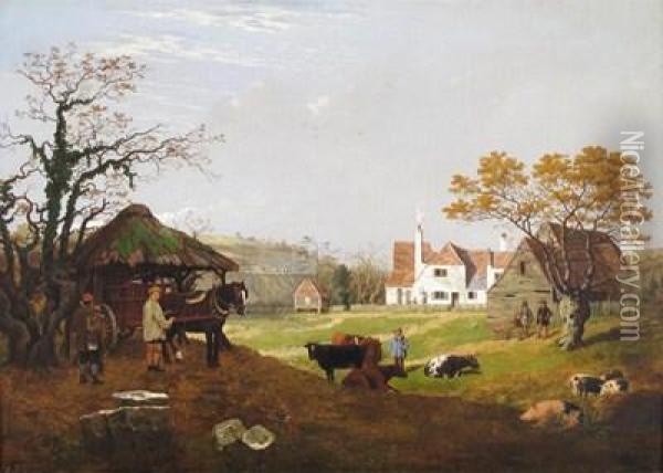 Farm Scene With A Railway Under Construction Beyond Oil Painting - George William Mote