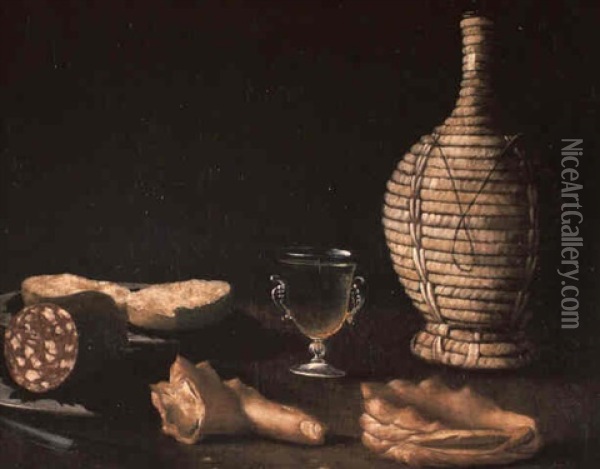 Nature Morte Avec Saucisson, Verre, Fiasque Et Autre Oil Painting - Jacopo (da Empoli) Chimenti