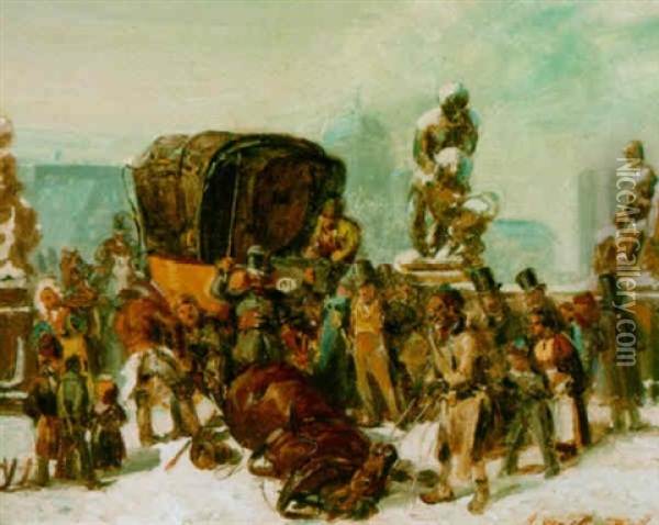 Street Scene On The Herculesbrucke, Berlin Oil Painting - August von Rentzell