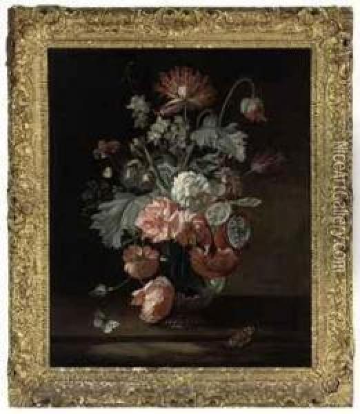 Roses, Parrot Tulips And Other Flowers In A Glass Jar On A Ledge With Butterflies Oil Painting - Simon Pietersz. Verelst