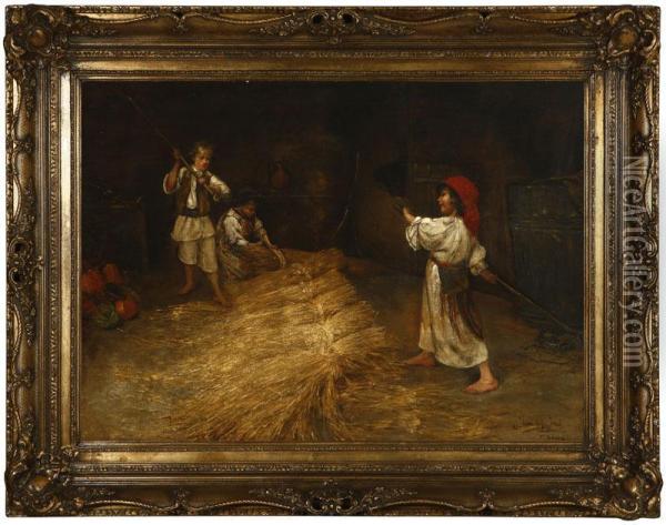 Children Bundling Wheat In A Barn Interior Oil Painting - Jeno Kemendy