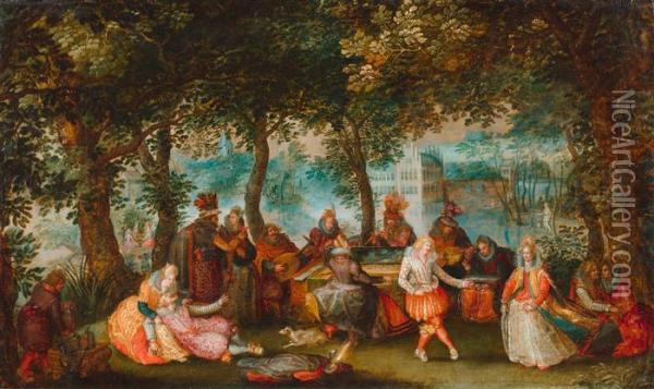 Fete Champetre - Courtly Company Playing Music In The Open Air. Oil Painting - David Vinckboons