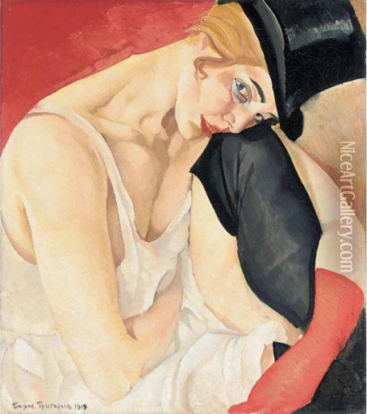 Woman In Top Hat Oil Painting - Boris Dimitrevich Grigoriev