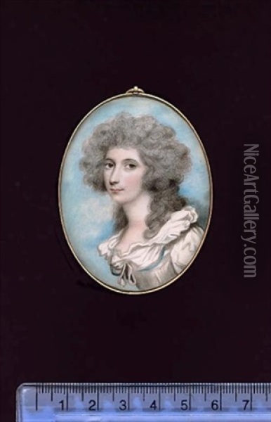 Lady Caroline Price, Wearing White Dress With White Ruffled Collar, Blue Ribbon Around The Bodice, Her Hair Curled And Powdered Oil Painting - Andrew Plimer