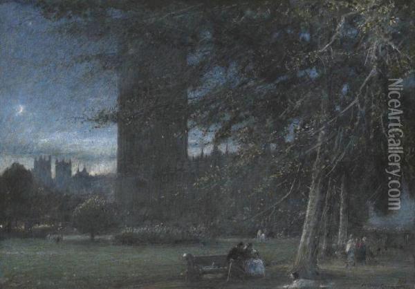 Figures Beneath The Palace Of Westminster At Dusk Oil Painting - Albert Goodwin