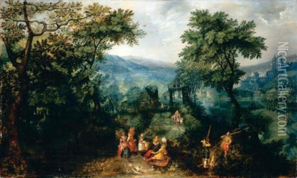 An Extensive Landscape With 
Elegant Figures Shooting And Promenading Beside A River, A Village And 
Chteau Beyond Oil Painting - David Vinckboons