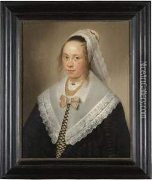 Portrait Of A Young Lady, Said To Be Elisabeth Wybo, At The Age Of 17, Half Length, Wearing A Gold Necklace And A White Headdress Oil Painting - Jan Albertz. Rotius