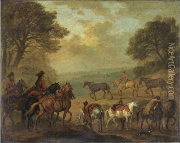 Cavaliers A L'arret Dans Un Paysage Boise Oil Painting - Jan Peeter Verdussen