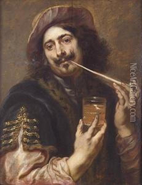 Portrait Of A Gentleman, Said To
 Be Adriaen Brouwer, Half-length, In A Dark-blue Fur-trimmed Coat And A
 Scarlet Hat, Smoking A Pipe And Holding A Glass Oil Painting - Jan Cossiers