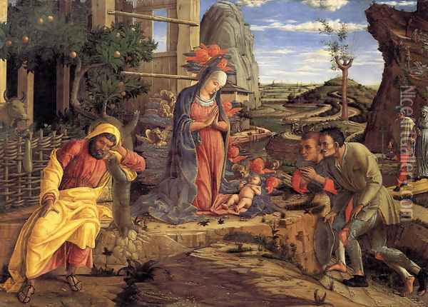The Adoration of the Shepherds c. 1451-53 Oil Painting - Andrea Mantegna