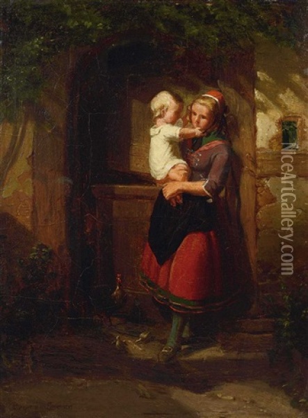 Mutter Mit Kind An Der Hausture Oil Painting - Johann Georg Meyer von Bremen