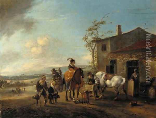 A hawking party halting at a blacksmith's shop Oil Painting - Philips Wouwerman