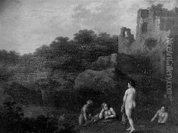 Nymphe Au Bain Dans Un Paysage De Ruines Dans La Campagne Romaine Oil Painting - Johan van Haensbergen