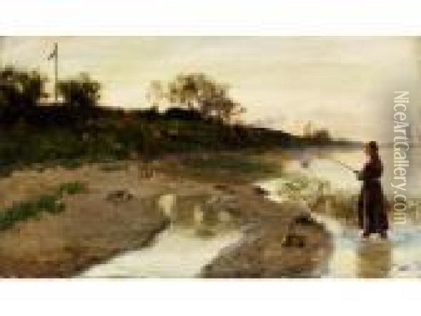 Flussufer-landschaft Mit Junger Fischerin Mit Einemkescher Oil Painting - David Murray