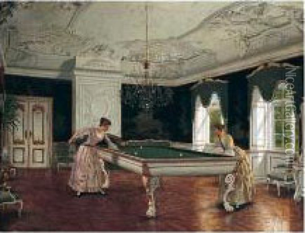 Women Playing Billiards Oil Painting - Heinrich Hansen