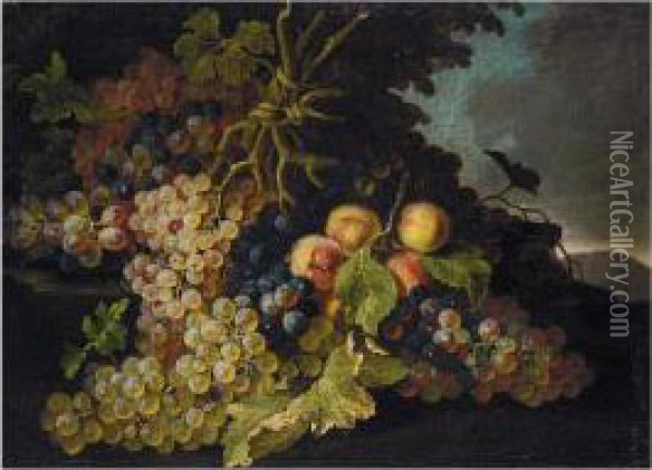 Still Life Of Grapes And Peaches In A Landscape Oil Painting - Pietro Navarra