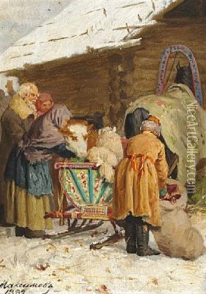 A Russian Peasant Family Packs The Sleigh On A Winter Day Oil Painting - Vasily Maksimov