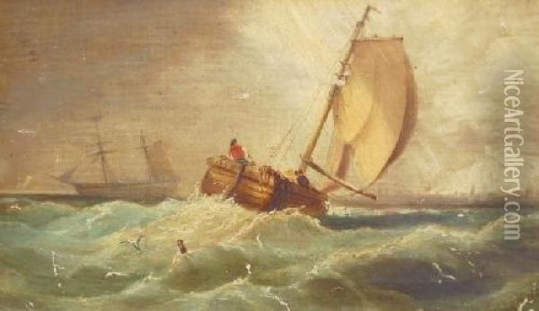 Fishing Vessel On Rough Seas Off The South Coast Oil Painting - George B. Yarnold