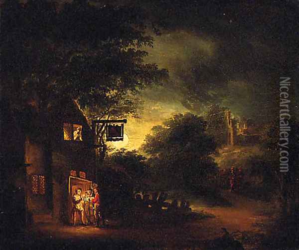 Figures by a moonlit Tavern Oil Painting - English School