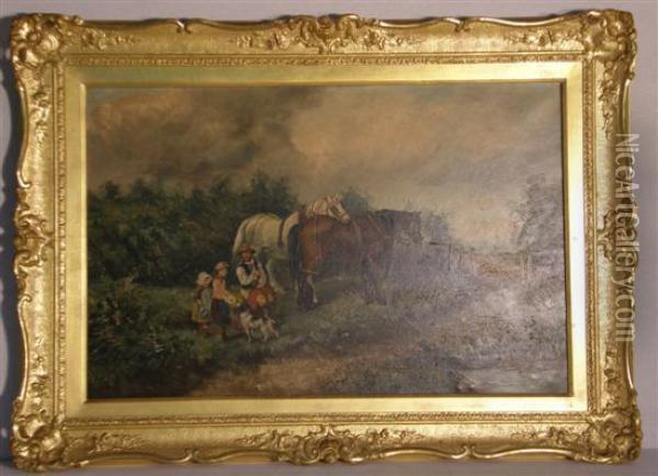 Country Scene With Horses And Figures Oil Painting - John Locker