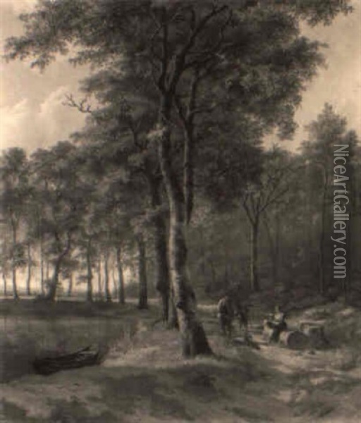Travellers In A Forest Asking For Directions Oil Painting - Jan Hendrik Breyer