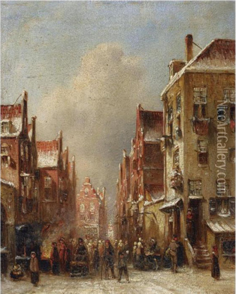 A Busy Snow Covered Street In A Dutch Town Oil Painting - Pieter Gerard Vertin