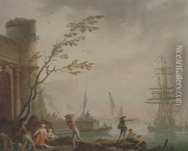 A Port Scene With Fishermen And Women Beside A Ruined Portal, A Man-of-war Anchored Offshore Beyond Oil Painting - Charles Francois Lacroix
