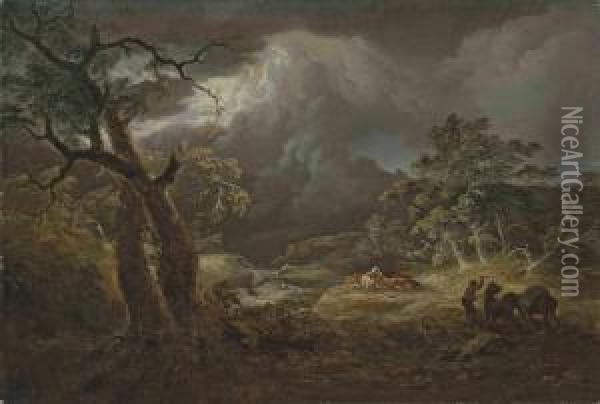 A Stormy River Landscape, With Herdsmen Oil Painting - Thomas Saut. Roberts