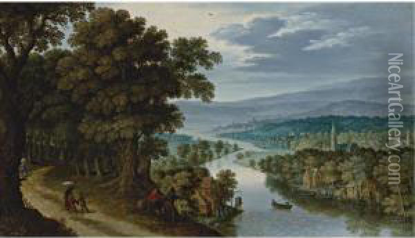 A Panoramic Mountainous River 
Landscape With Figures On A Path, A Village And Fishermen Beyond Oil Painting - Marten Ryckaert