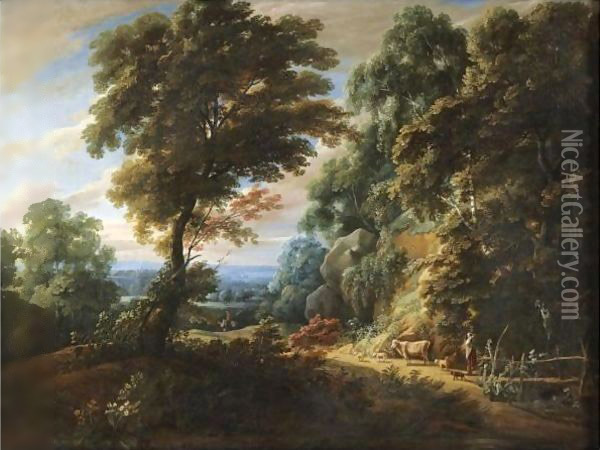 A Wooded Landscape With A Shepherdess Passing A Steep Bank, Probably On The Edge Of The Foret De Soignes Oil Painting - Jaques D'Arthois