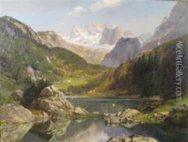 Alpine View With Mountain And Lake Oil Painting - Konrad Petrides