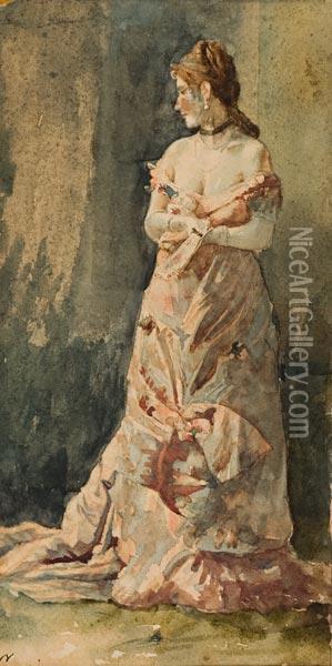 Ritratto Di Donna Con Ventaglio Oil Painting - Giulio Cervi
