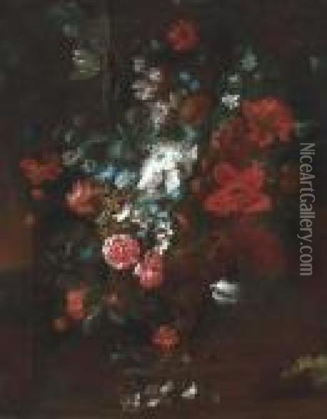Roses, Peonies, Narcissi, Morning Glory And Other Flowers In Anurn Oil Painting - Karel Van Vogelaer, Carlo Dei Fiori