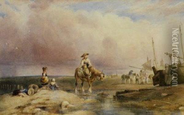 Fisherfolk On A Beach Oil Painting - Samuel Austin