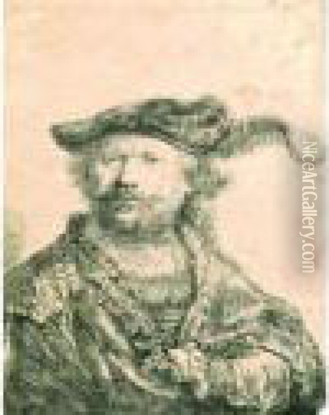 Rembrandt Au Bonnet Orne D'une Plume. 1638. Oil Painting - Rembrandt Van Rijn