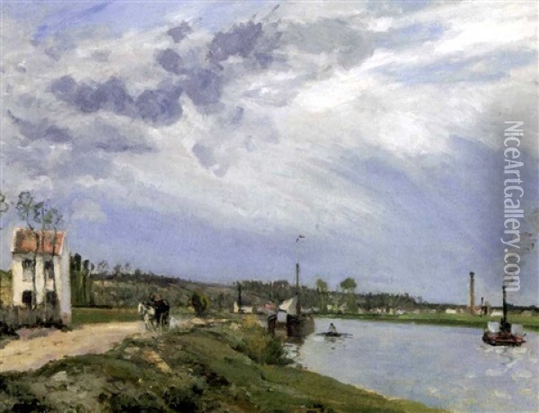 Chemin Au Bord De L'oise Avec Peniche, Barque, Remorqueur, Pontoise Oil Painting - Camille Pissarro