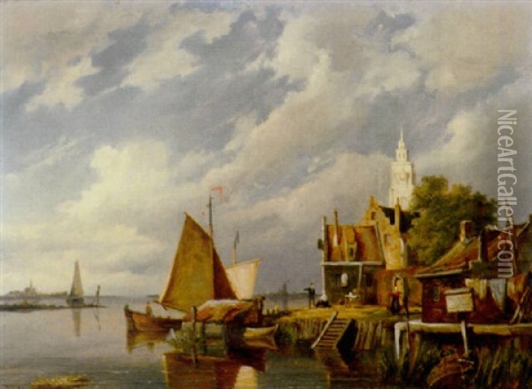 On The Maas Oil Painting - William Raymond Dommersen