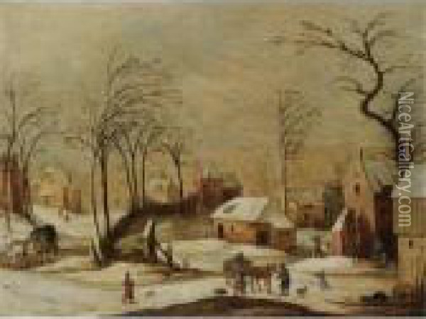 A Village Scene In Winter Oil Painting - Joos De Momper