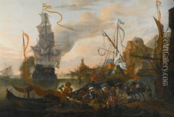 A Levantine Harbour With A Galley And A Man-of-war Coming In To Anchor, Together With Many Figures On Shore Oil Painting - Hendrich van Minderhout
