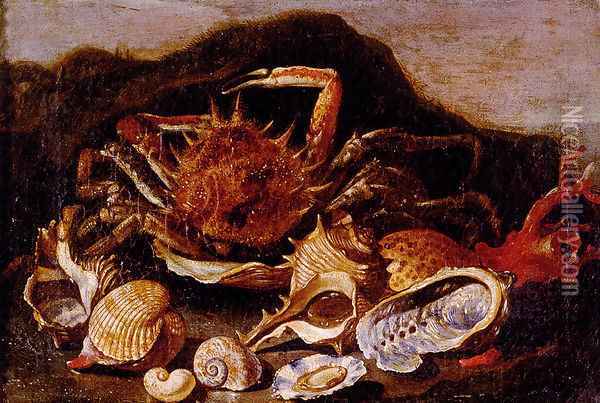 Still Life Of A Crab, Shells And Coral In A Landscape Oil Painting - Paolo Porpora