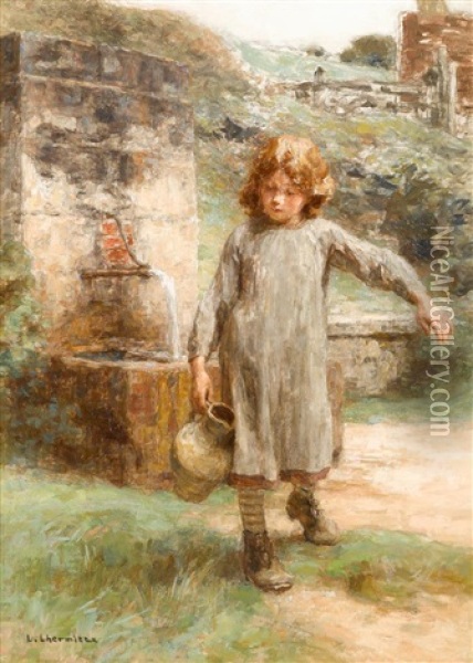 Little Girl At The Fountain Oil Painting - Leon Augustin L'Hermitte